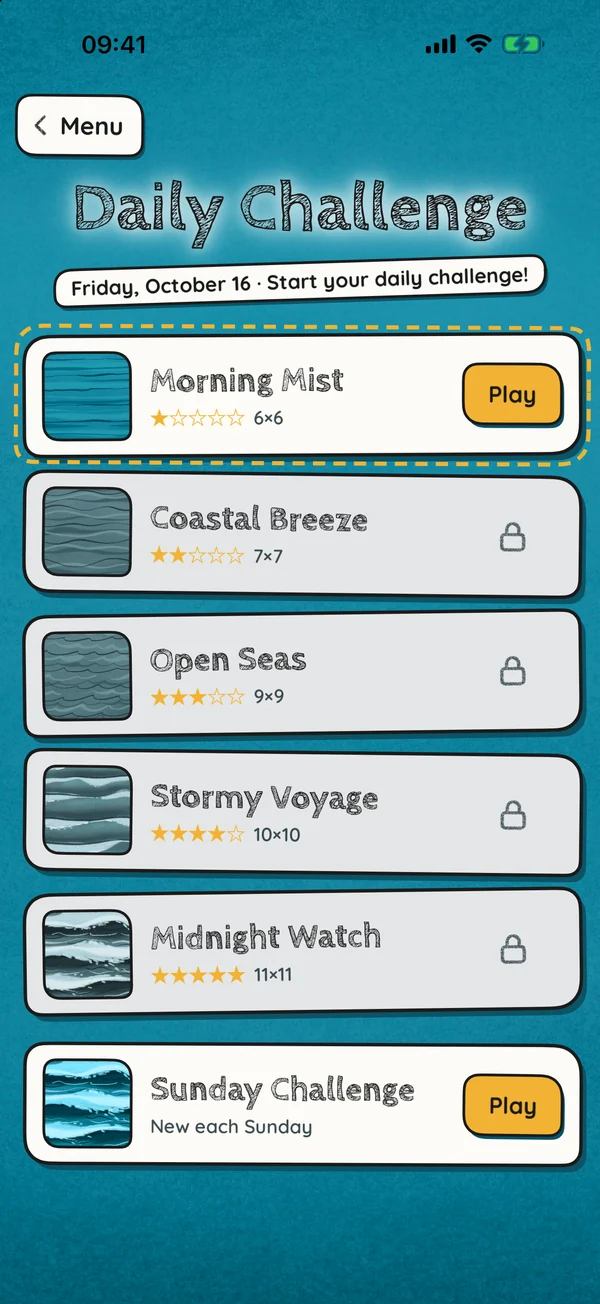 The Daily Challenge list: Morning Mist, Coastal Breeze, Open Seas, Stormy Voyage, Midnight Watch and the Sunday Challenge.