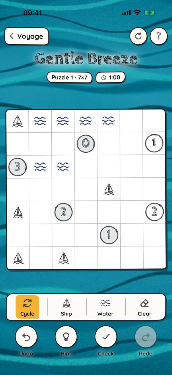 A 7×7 puzzle part-solved, with ships and water marked around the numbered lighthouses.