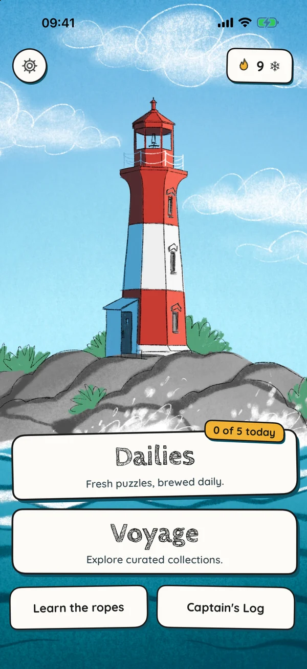 The Lighthouses home screen: a hand-drawn lighthouse above Dailies, Voyage, Learn the ropes and Captain's Log.