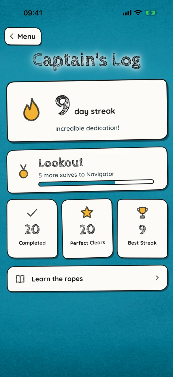 Captain's Log: a 9-day streak, the Lookout rank with a bar to Navigator, and 20 completed puzzles.