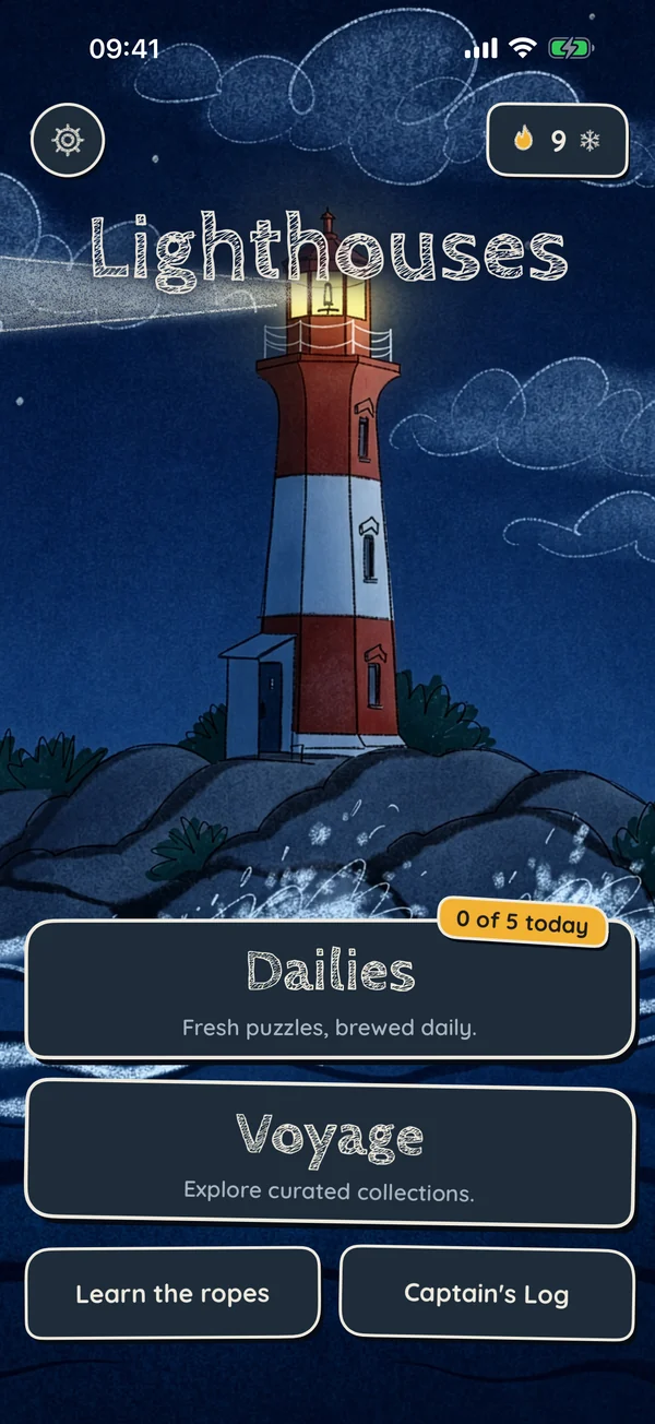 The home screen at night: the lighthouse lamp lit against a dark blue sky.