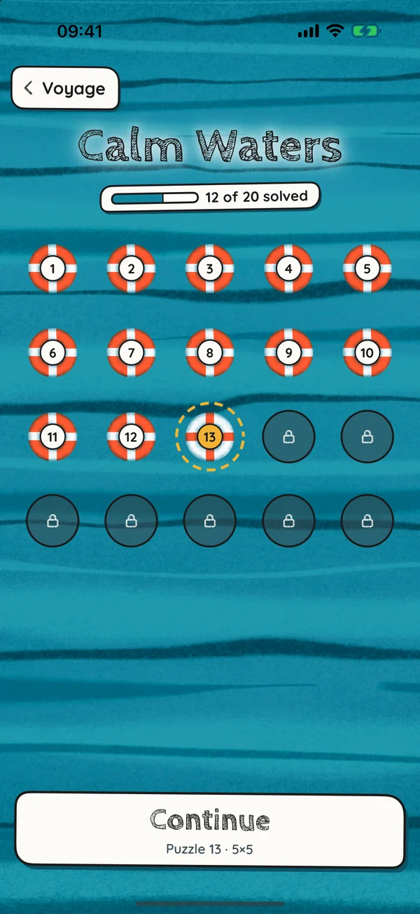 Calm Waters, 12 of 20 solved: a grid of life rings with puzzle 13 next.