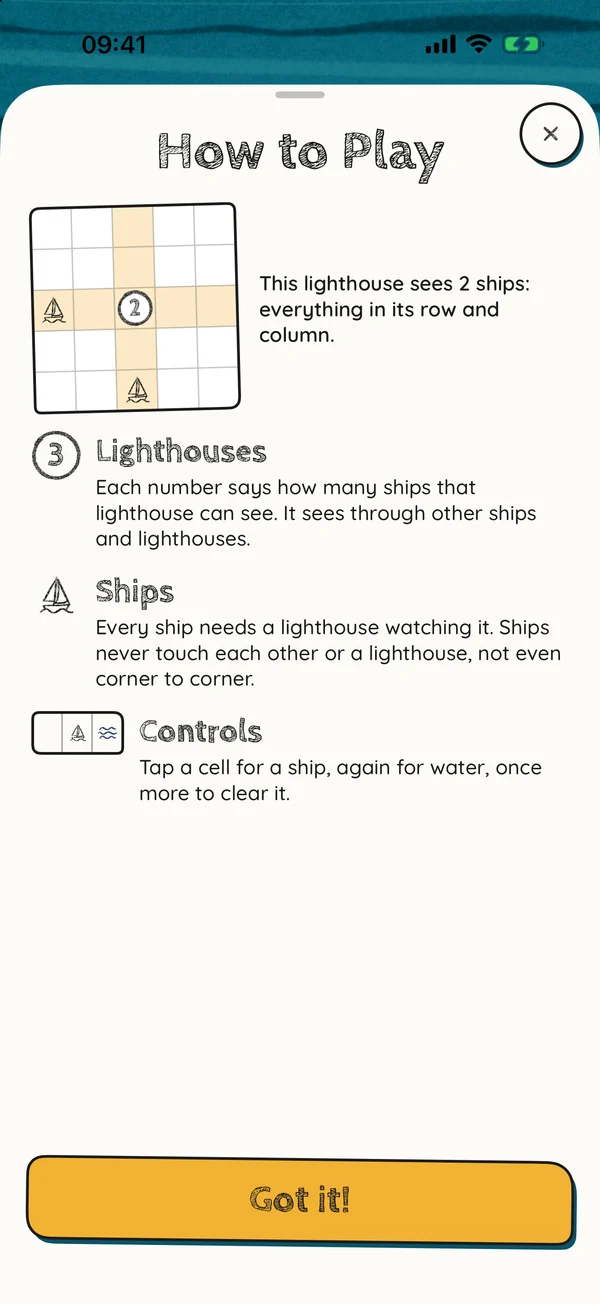 How to Play: a lighthouse marked 2 sees two ships along its row and column.